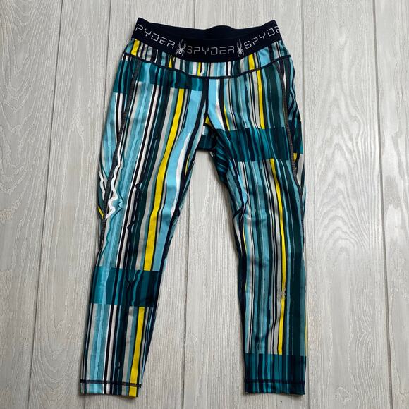 Spyder Blue Green & Yellow Freeze Stripe Print Slash Capri Leggings Size Small - Picture 1 of 11